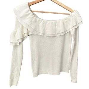 CLUB MONACO Asymmetrical Off One Shoulder Ruffle Knit Sweater Top, Ivory, XS